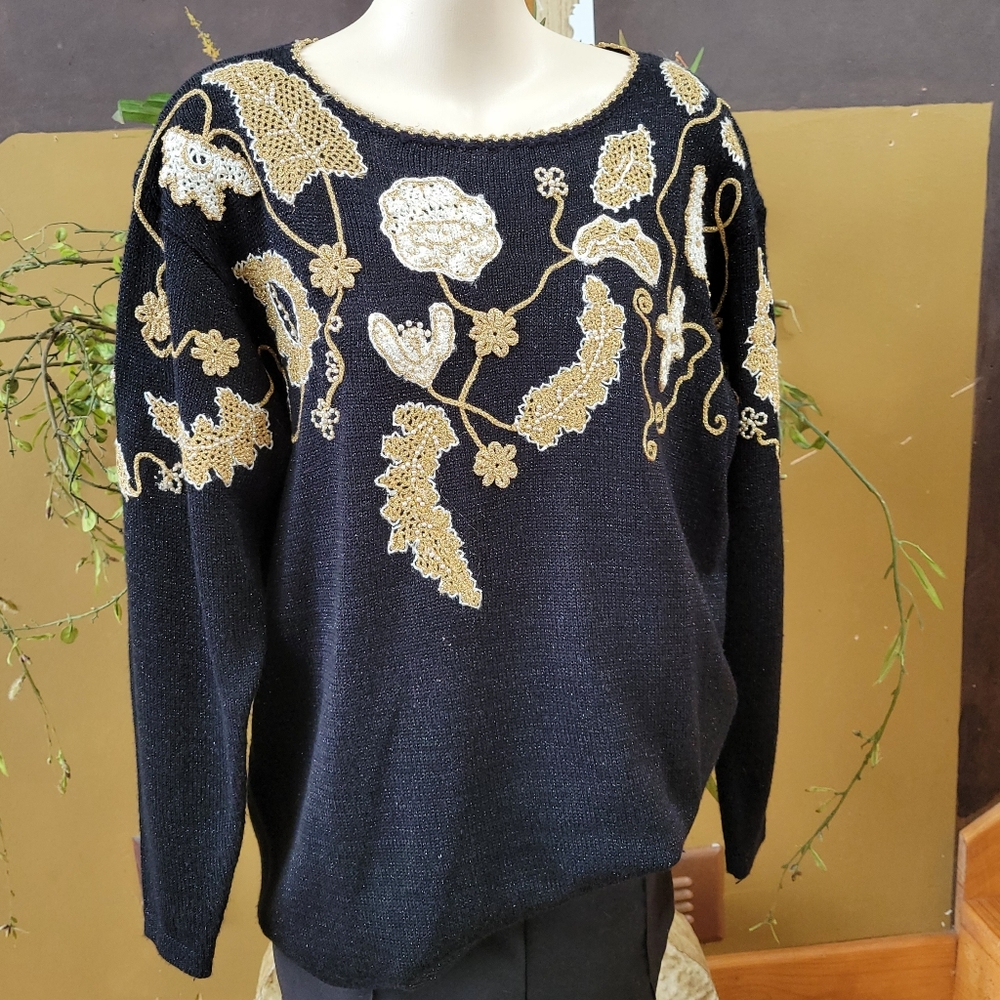 Vintage Beaded Sweater Black Shimmer  Gold Applique Pearl Beads Jocelyn Smith M - Picture 7 of 12